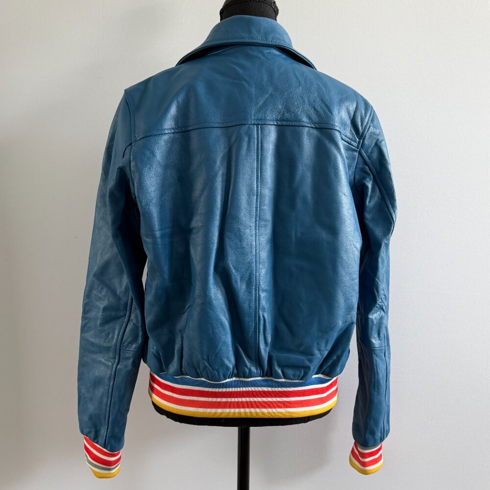 Evil Kristen Bouchard Blue Leather Retro Rainbow Aviator Jacket L/XL - Picture 5 of 16